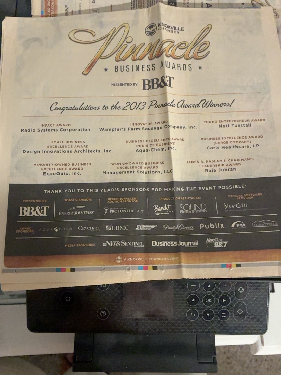 Newspaper announcement listing 2013 Pinnacle Business Award recipients